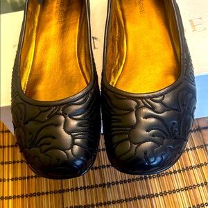 Black Embossed Leather Flats